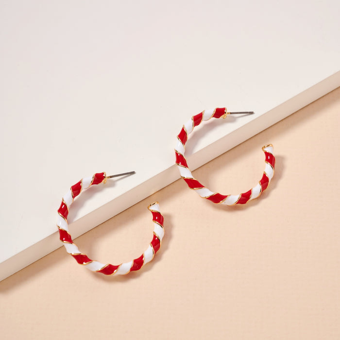 Christmas Candy Cane Enamel Open Hoop Earrings