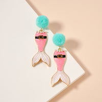 Christmas Mermaid Tail Pom-Pom Enamel Dangling Earrings