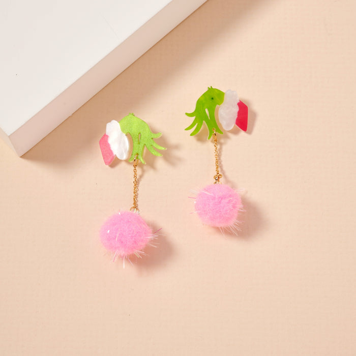 Christmas Green Monster Hand & Pom-Pom Dangling Earrings