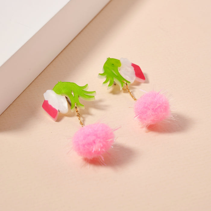 Christmas Green Monster Hand & Pom-Pom Dangling Earrings