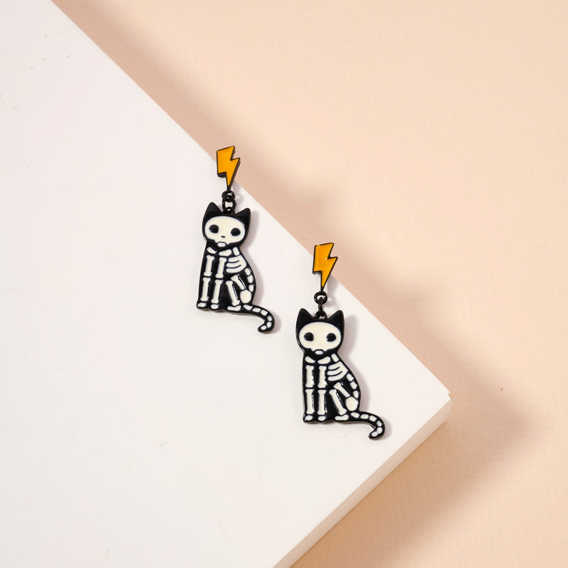 Halloween Cat Skeleton Enamel Dangling Earrings