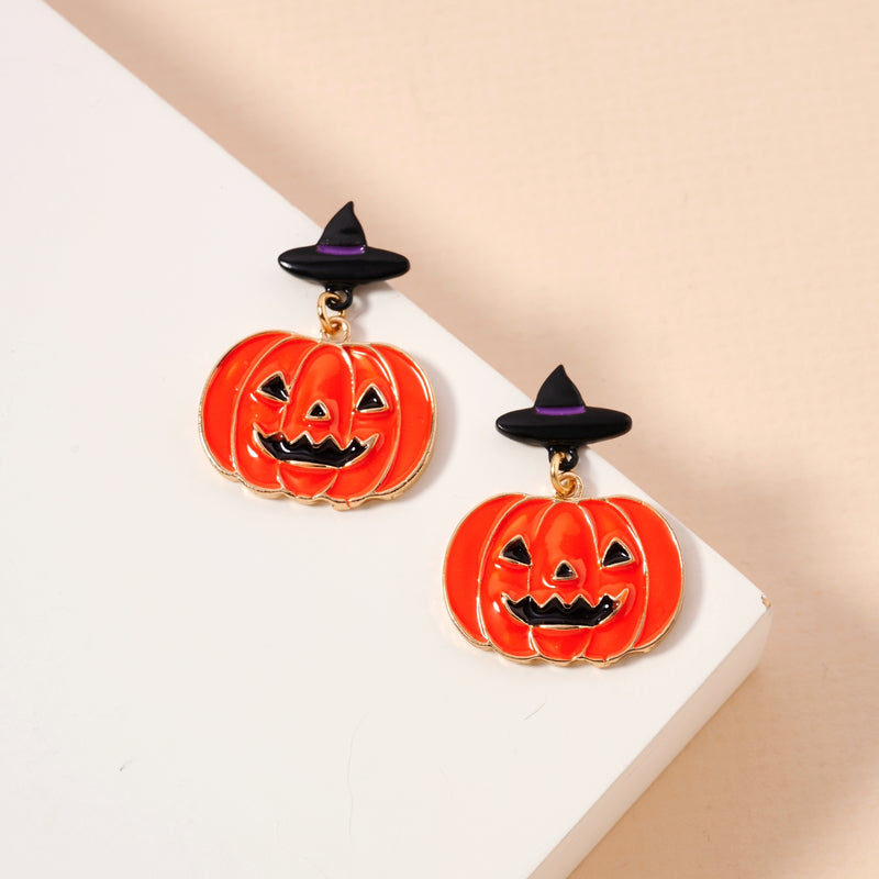 Halloween Pumpkin with Witch Hat Enamel Earrings