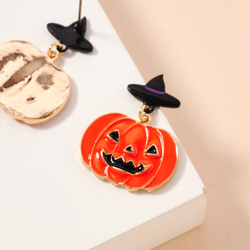 Halloween Pumpkin with Witch Hat Enamel Earrings