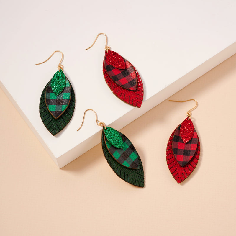 Christmas Layered PU Leather Feather Earrings