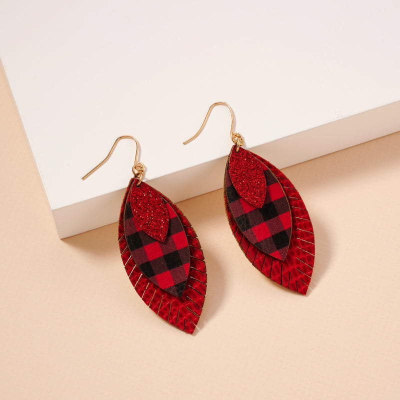 Christmas Layered PU Leather Feather Earrings